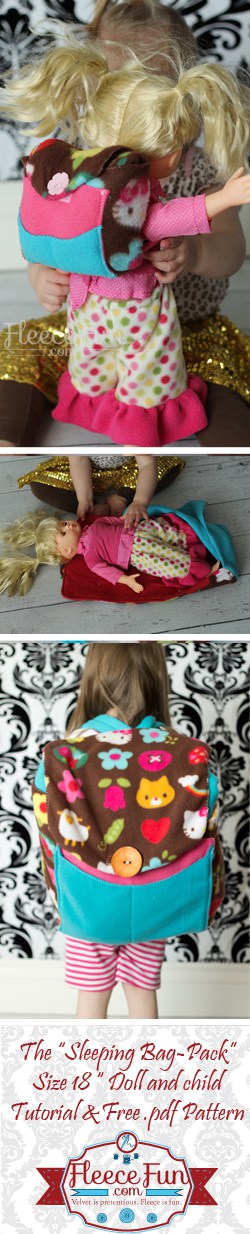 sleeping bag pack Doll I love this little sleeping bag pack for dolly. Perfect for 18 inch dolls and toys. Sewing DIY idea with a free pdf pattern.