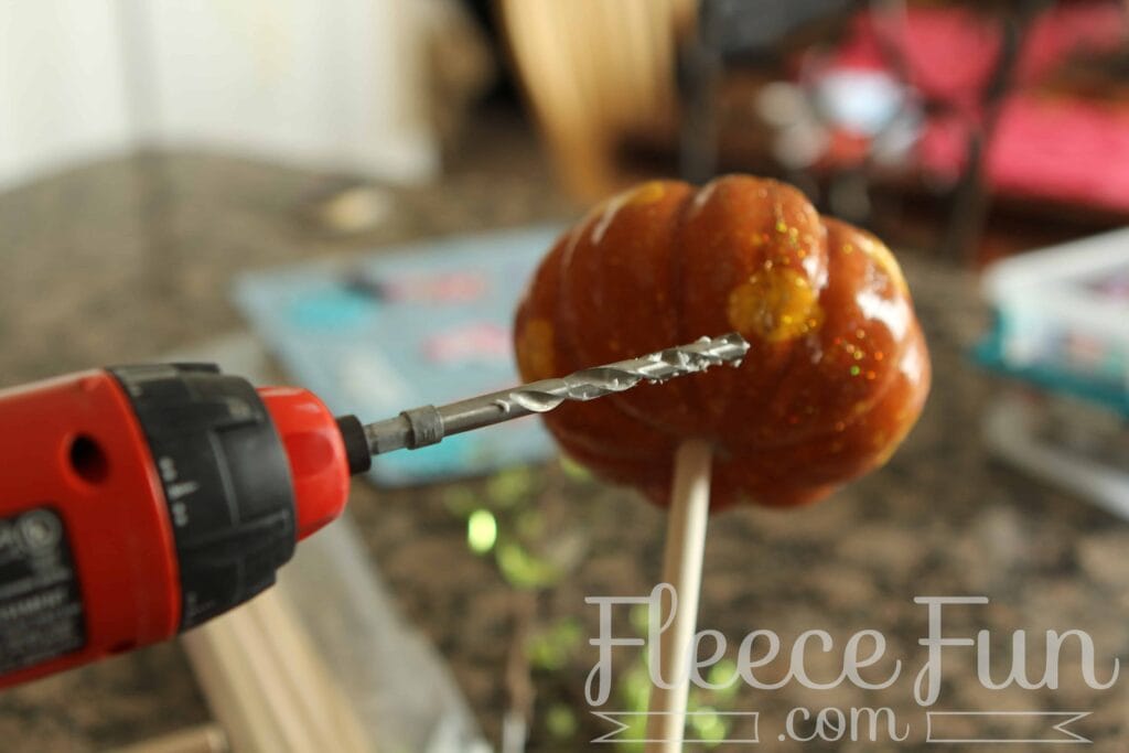 Fall Fairies_092312_1163 Drill a hole the bottom of the pumpkin large enough for the dowel for the fall fairy costume DIY.