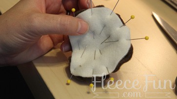Pinning and sewing the monkey ears for the fleece hat from FleeceFun