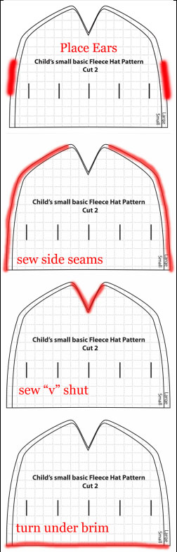Completing the fleece monkey hat by sewing the ears in place using FleeceFun’s template
