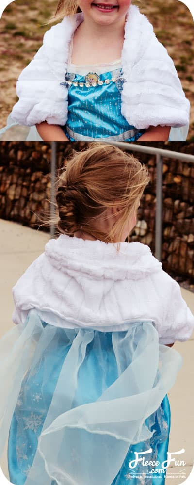 I love this cute Frozen inspired Elsa cape. tutorial it's a jacket and cape fit for a queen. The cold might not have bothered Elsa, but it might bother my little one while trick or treating and this is perfect. Love this sewing costume DIY with free pattern.