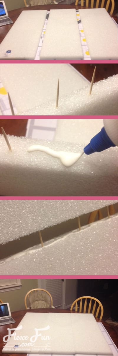 Securing Styrofoam boards to create sturdy giant love letters with fleecefun’s free tutorial.
