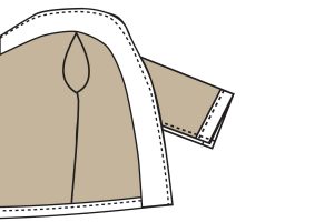 Pinning the collar to neckline. This cozy cardigan pattern is the perfect layering piece for 18-inch dolls—complete with a shawl collar, long sleeves, and soft stretch. Sewn in a sweater knit with a touch of gold thread, it’s comfy, stylish, and ridiculously cute. Follow the step-by-step tutorial and give your doll that “sweater weather” moment.
