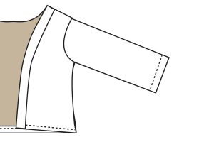 Pressing or topstitching the collar on the sweater.