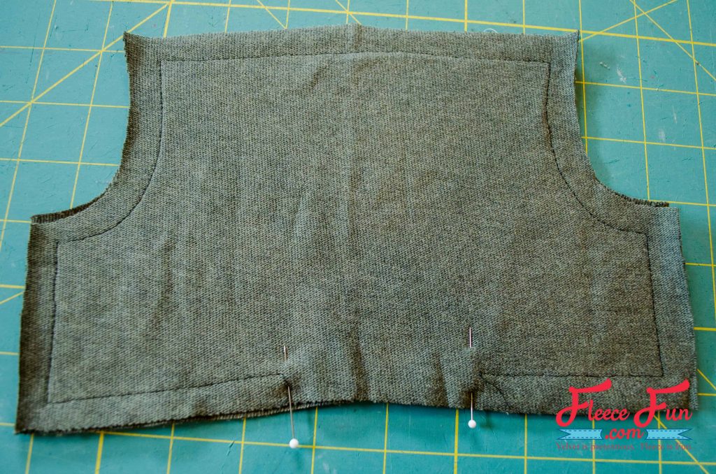 Step 2 of DIY upcycled skirt: sewing the pocket with fleecefun guide