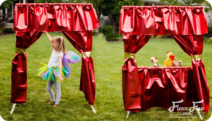 I love this cute little puppet theater! So cute and it can be a kid theater too! Such a great DIY idea for play at grandma's house. I know several kids who love to put on plays and this is perfect for them. I also love how she has a way to store it too!