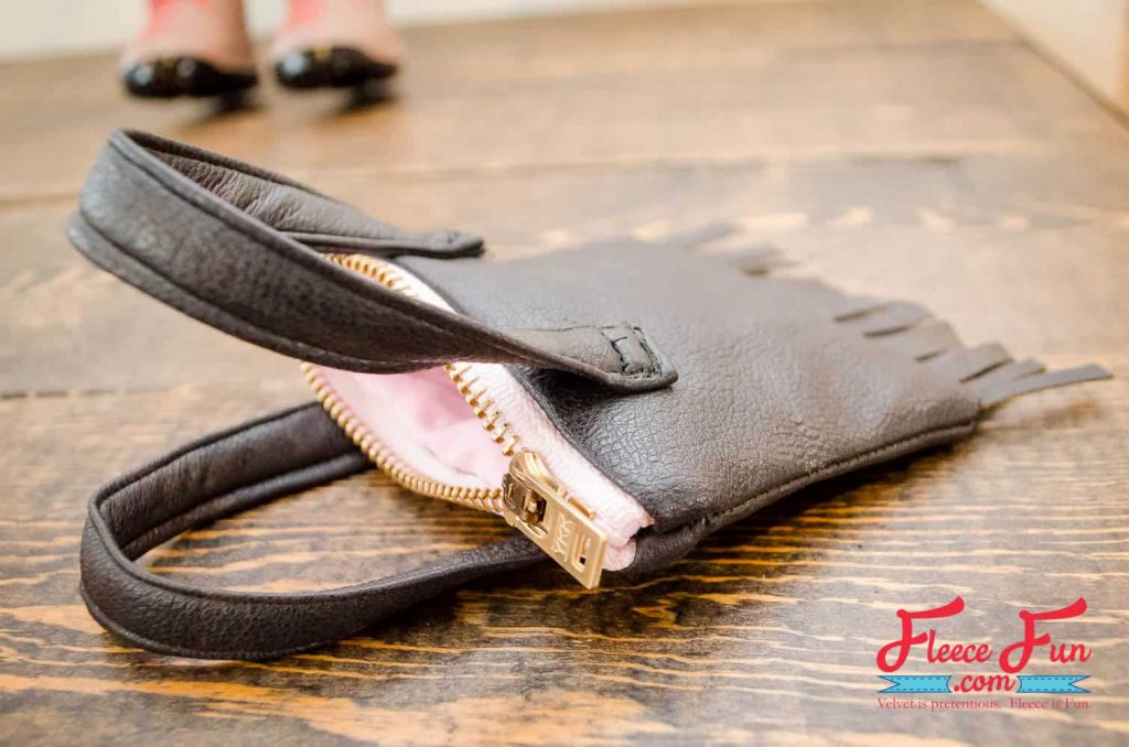 Stylish DIY leather fringe purse crafted with the fleecefun free template and tutorial