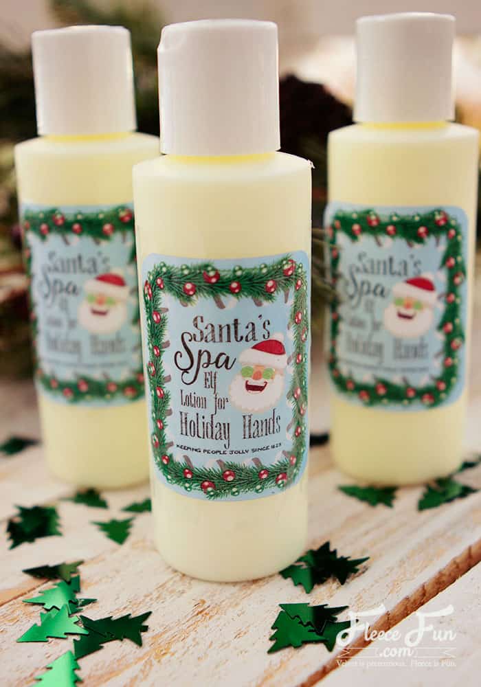 Beautifully packaged DIY lotion bottles using fleecefun free template and tutorial.