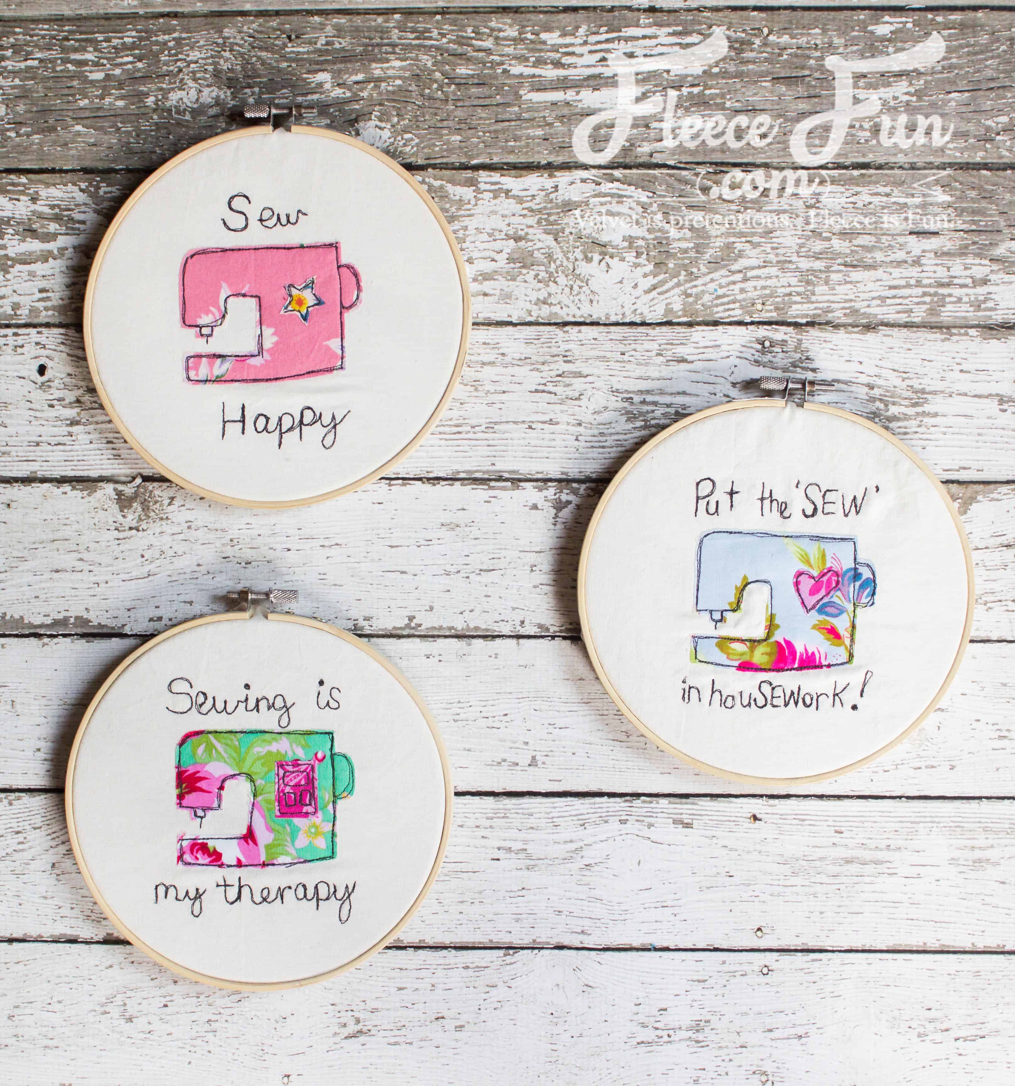 I love this Sewing Machine Hoop Art Tutorial. wonderful sewing project and handmade gift ideas for friends. This is perfect for a sewist's wall and sewing studio.