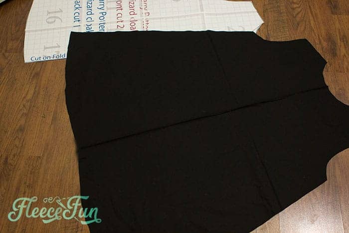 When you unfold the back it should be one large piece. Fleecefun free template and tutorial step 1 cut out Hogwarts robe pieces