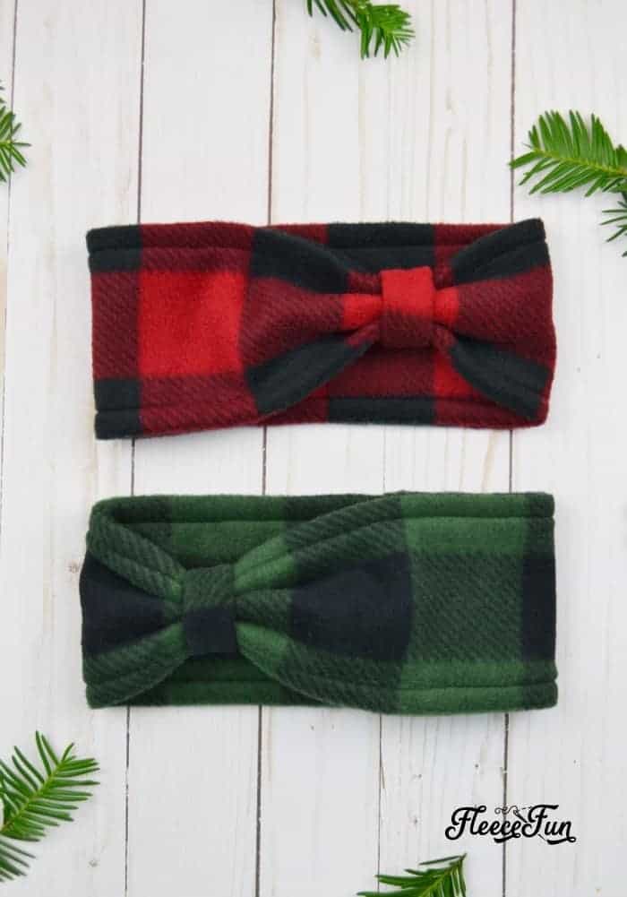 DIY fleece ear warmer headband, showcasing bow style, from fleecefun's free pattern.