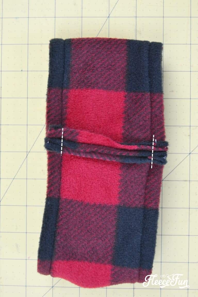 Step 6 of fleecefun's DIY ear warmer headband tutorial – sewing the fleece ends together.