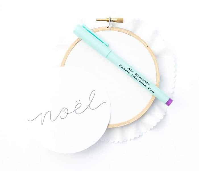 Step 1 of the Noël hoop ornament tutorial from fleecefun, focusing on hoop preparation.