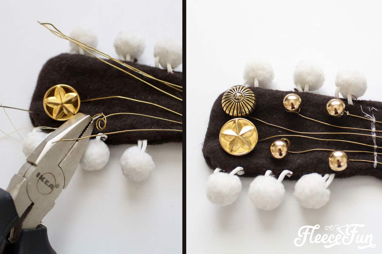 Sewing the Buttons onto the Felt Guitar Softie Toy Headstock.
