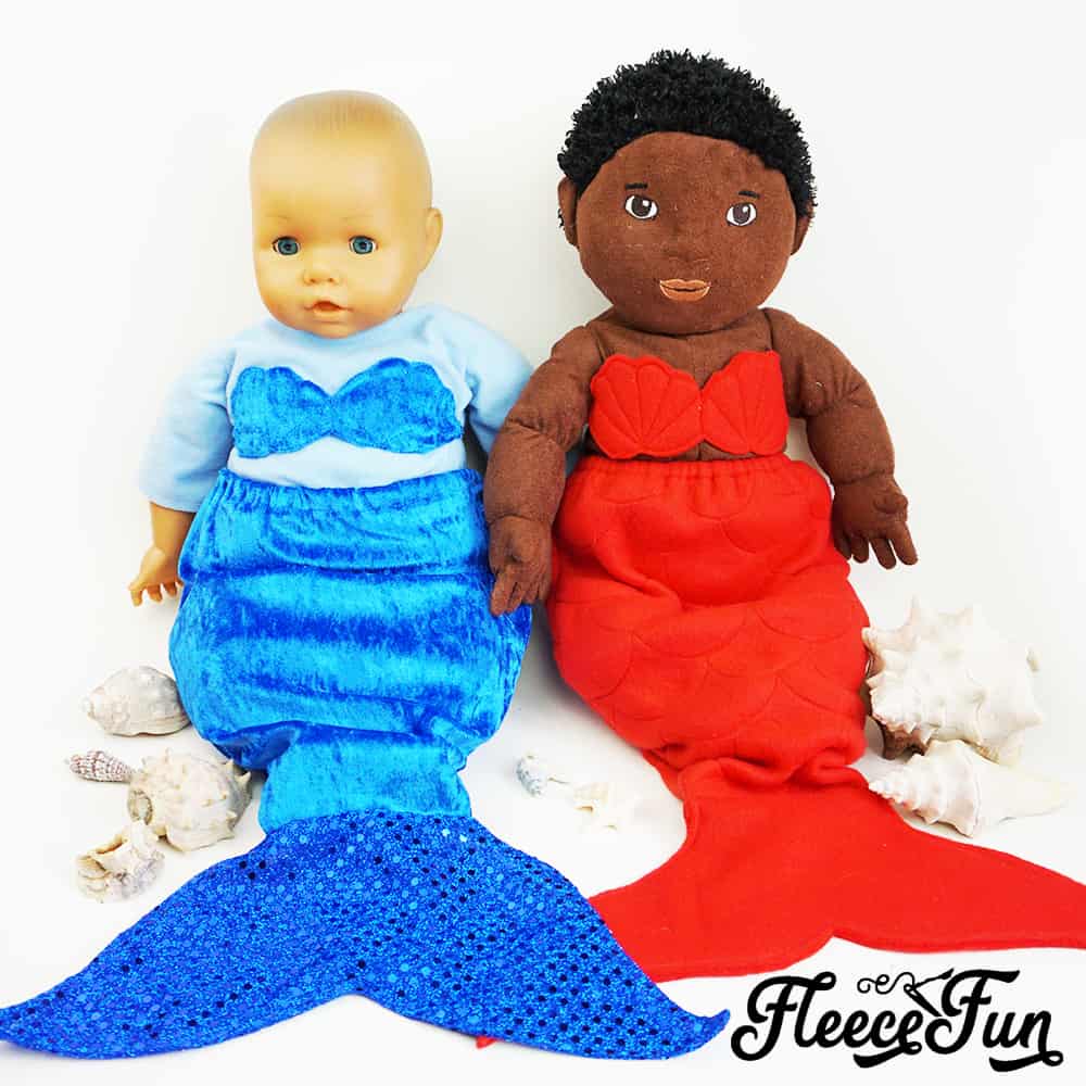 An 18-inch doll wearing a completed DIY mermaid costume made with fleece.