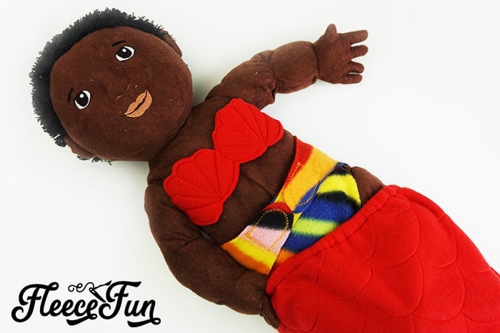 The final look of the DIY doll mermaid costume using Fleece Fun’s free tutorial.