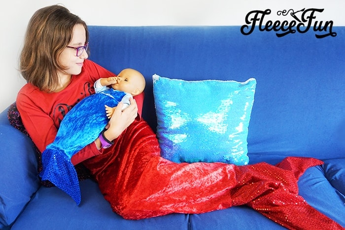 the DIY doll costume with matching mermaid tail blankets for kids