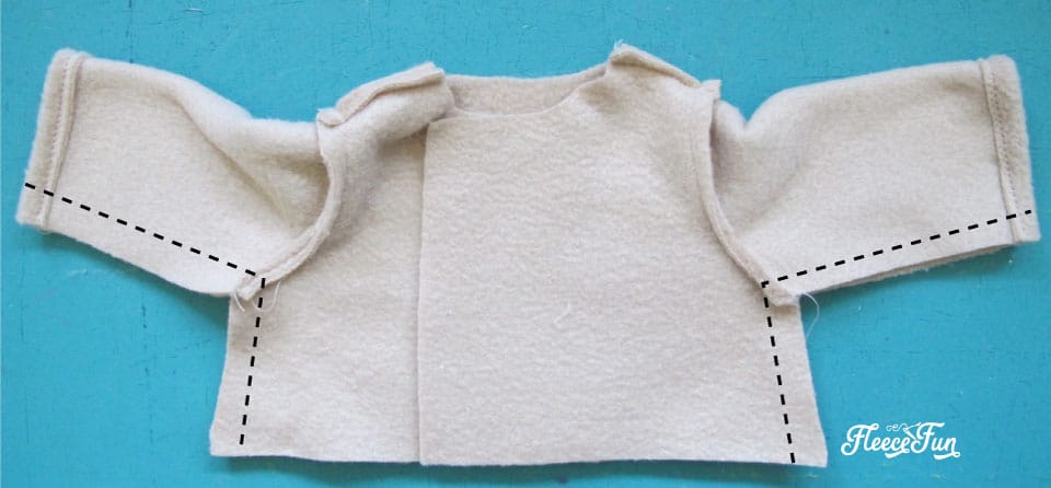 Sewing the bodice of the doll peplum coat using Fleece Fun’s free template and tutorial