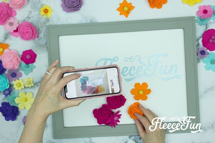 Final assembly of felt flower wall art using fleecefun’s free template