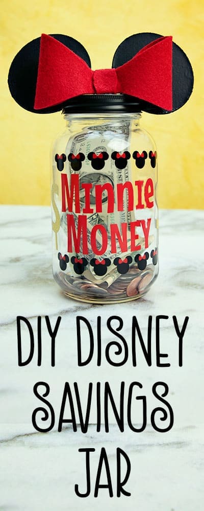 I love this Saving for Disney DIY Disney Savings Jar. Such a cute Mickey craft makes it fun for kids (and adults) to save for a Disney trip!. Easy craft that comes together quickly. #craft #cricut #disney #disneycraft 