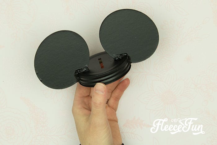 Finished Mickey ear cap for a custom Disney fund jar using fleecefun and free template and tutorial