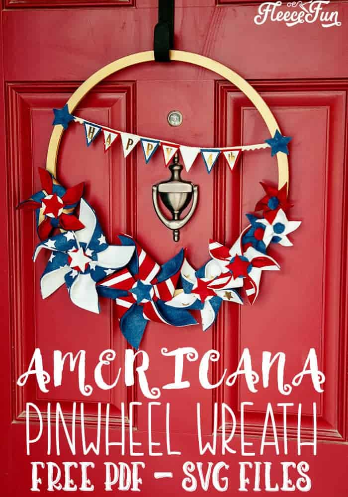 I love this Americana Decor DIY Patriotic Pinwheel Wreath. With it's red white and blue bunting that says "Happy 4th" to the patriotic pinwheels that are different sizes, it's perfect for my Fourth of July decorations. Free SVG and PDF files too to make it easy. Love this. #patrioticdecor # patrioticwreath #patriotic crafts #fourthofjulydecorations #4thofjulycrafts