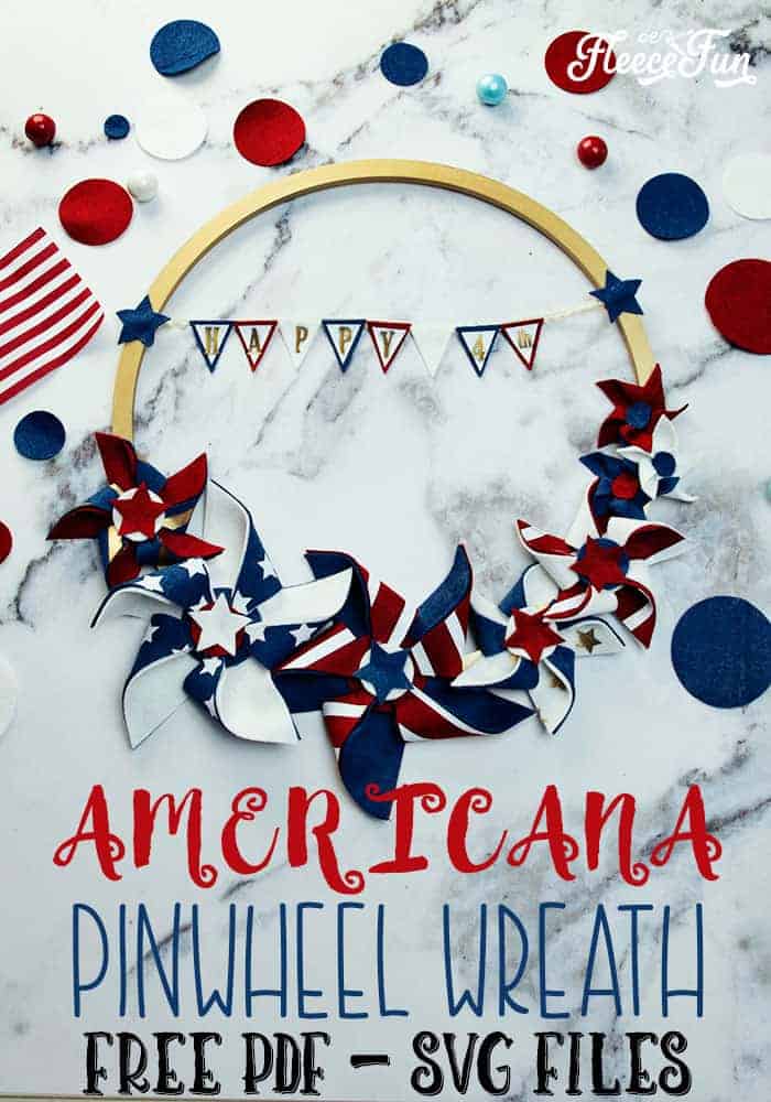 I love this Americana Decor DIY Patriotic Pinwheel Wreath. With it's red white and blue bunting that says "Happy 4th" to the patriotic pinwheels that are different sizes, it's perfect for my Fourth of July decorations. Free SVG and PDF files too to make it easy. Love this. 