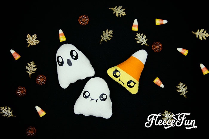 This Kawaii DIY Candy Corn and Ghost Softie are easy to make with the FREE pattern & step by step instructions. Perfect for Halloween gifts and decorating!