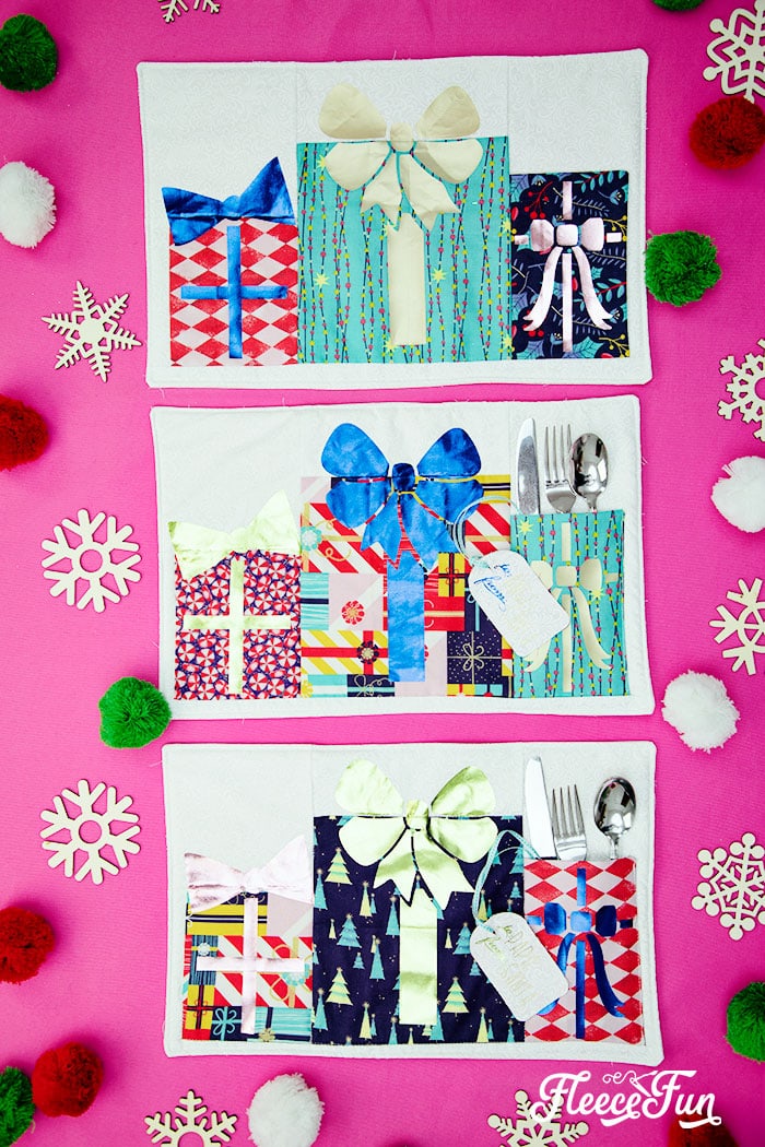 Festive fabric cutouts for holiday placemats in fleecefun’s DIY tutorial