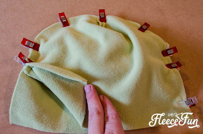 Final assembly of Baby Yoda hat and ears with fleecefun's sewing pattern.