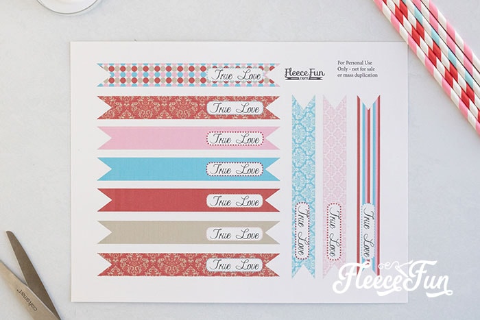 Valentine's Day straw flags printed and cut using fleecefun free tutorial and template