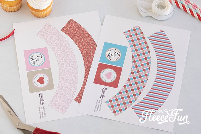Valentine's Day cupcake wraps and toppers printed and cut with fleecefun free template