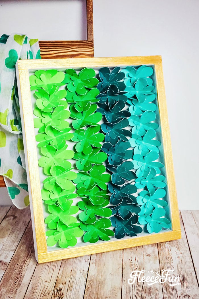 DIY St. Patrick's Day Decor - Easy Ombre Shadow Box. Easy to make and comes with a FREE SVG file. Perfect decor for a mantle and bring some Irish green into your home.