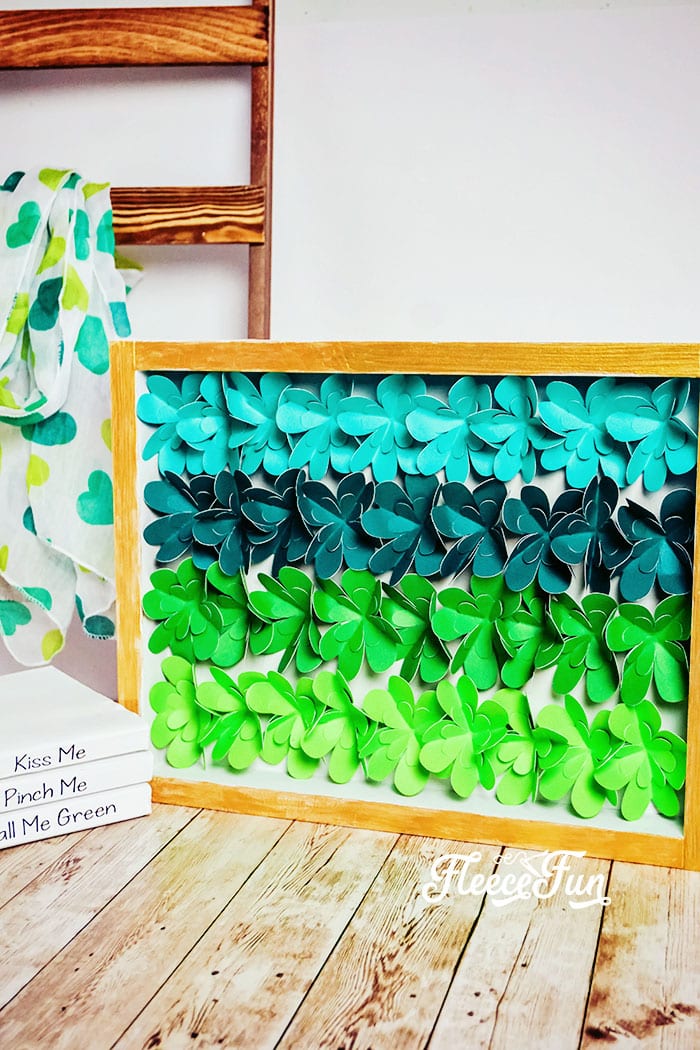 DIY St. Patrick's Day Decor - Easy Ombre Shadow Box. Easy to make and comes with a FREE SVG file. Perfect decor for a mantle and bring some Irish green into your home.