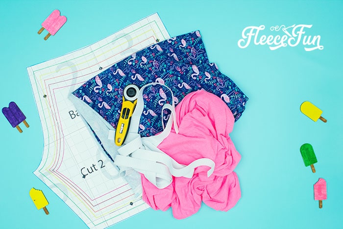 Picture of items listed to make shorts. You can learn how to make shorts with this easy to follow step by step tutorial. Comes with a free PDF sewing pattern, with easy instructions.