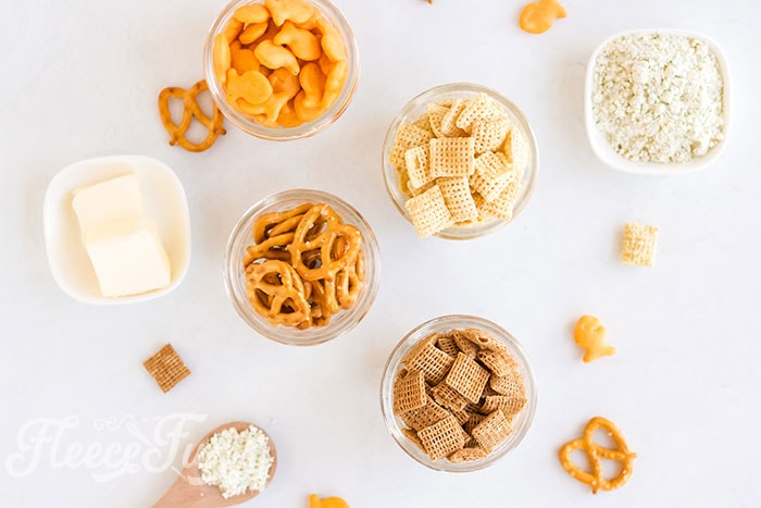 Gather the ingredients for your air fryer ranch chex mix snack.