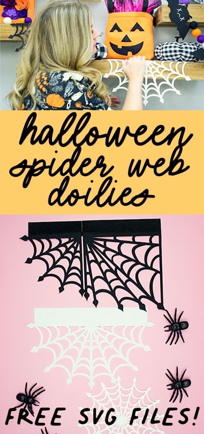 These Spider Web doilies Free SVG files are the perfect finishing touch to you Halloween decor!  The free SVG includes three designs:  A round doily perfect for sticking under lamps and objects.  A half circle shelf, and a corner floating shelf piece.  A little spooky with a lot a style, these doilies are sure to become a decorating favorite.  #freeSVG #cricutcreated #halloweendecor #spiderweb #doily