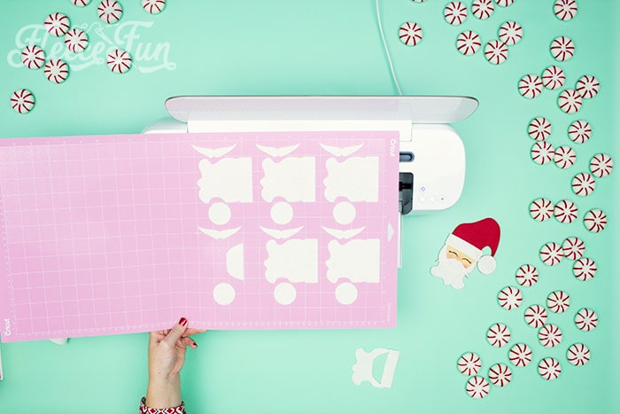 Step-by-step cutting the felt Santa pattern with fleecefun's free ornament template and tutorial.