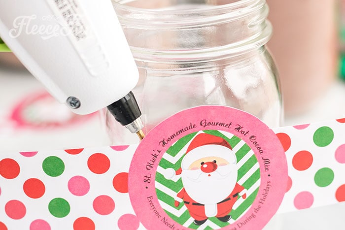 Attaching fleecefun’s hot cocoa label to mason jar for a holiday gift
