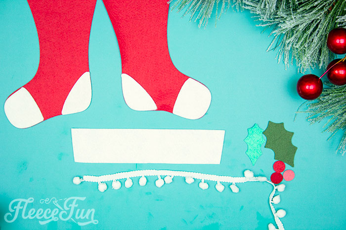 adding trim to cuff. DIY no-sew felt stocking body using fleecefun’s tutorial