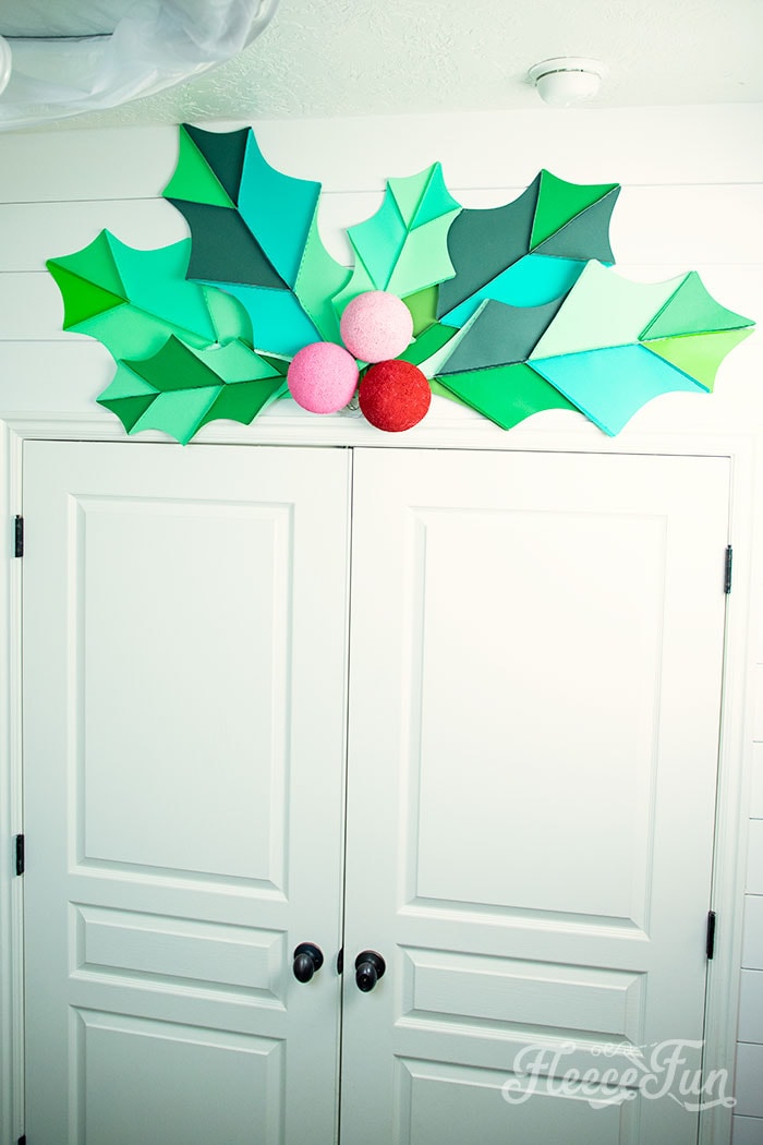 Handmade giant holly leaves crafted using fleecefun's free pattern and instructions.