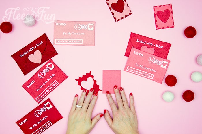 Crafting decorative felt stamps for a Valentine envelope project with fleecefun's free template.