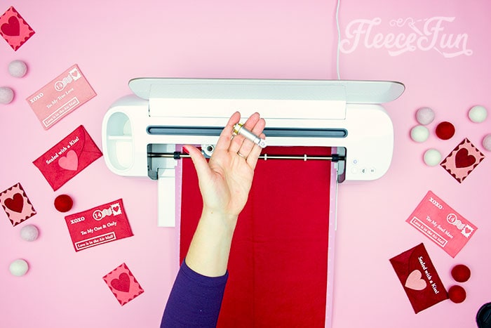Felt pieces prepared for a Valentine envelope DIY project, guided by fleecefun's free template and tutorial.