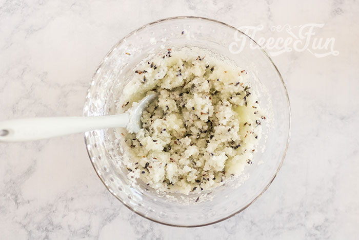 Ingredients mixed. This Easy Homemade Body Scrub makes for a wonderful handmade gift (or you can make it for a little treat for yourself!).  The ingredients are inexpensive.