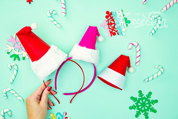 DIY Santa hat headband assembly using fleecefun’s free tutorial