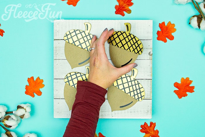 Step 3 of FleeceFun acorn template tutorial - attaching the acorns