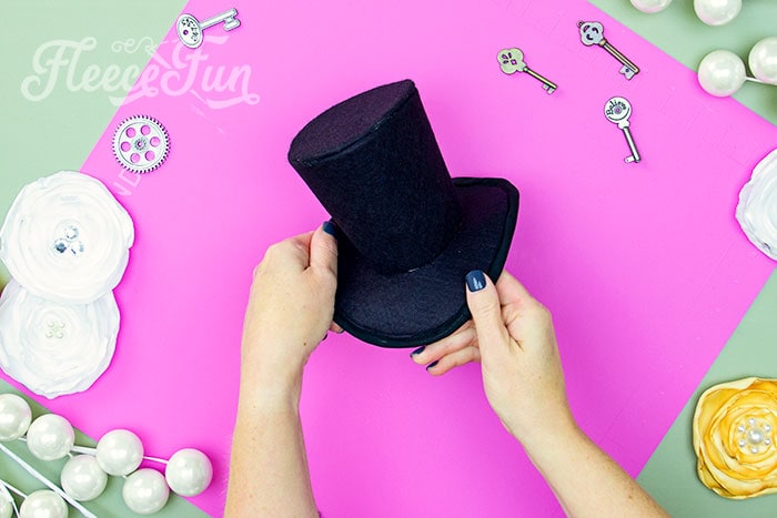 Close-up of the completed assembly process for the mini top hat from fleecefun's tutorial