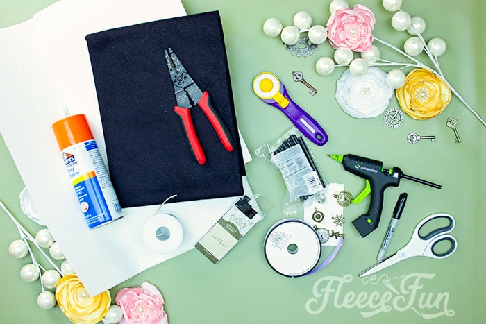 Image showcasing the materials needed to create a mini top hat using fleecefun's tutorial.