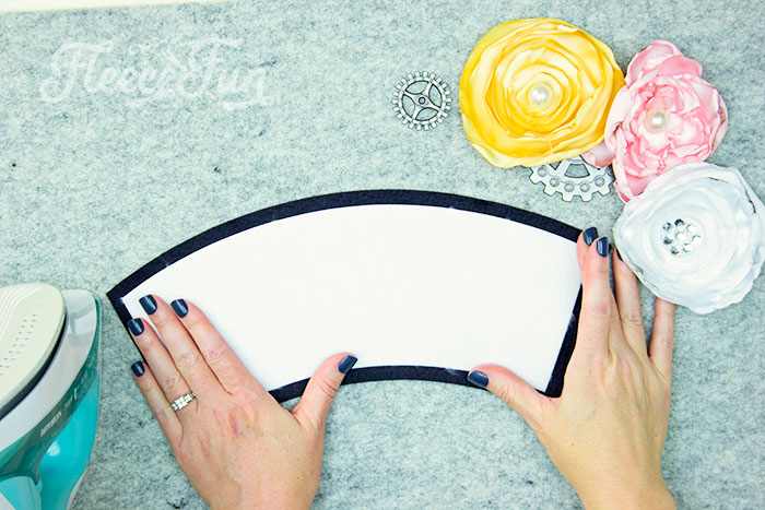 Visual guide to prepping mini top hat pieces for assembly using fleecefun's free template
