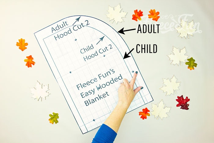 Step 1 of FleeceFun's hooded blanket tutorial: Cut out the free pattern.